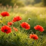 Leuchtend rote Klatschmohnblüten tanzen im leichten Frühlingswind über dem Beet