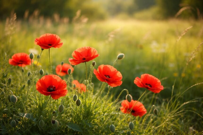 Leuchtend rote Klatschmohnblüten tanzen im leichten Frühlingswind über dem Beet