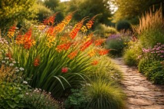 Montbretien mit leuchtenden Blüten in Orange, Rot oder Gelb im Garten