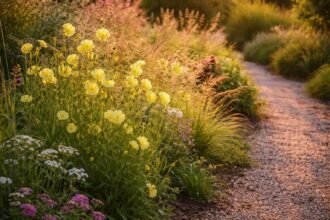 Nachtkerze im Abendlicht, gelbe Blüten leuchten sanft, Duft erfüllt den Garten.