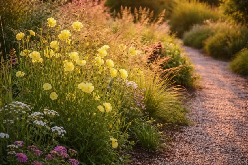 Nachtkerze im Abendlicht, gelbe Blüten leuchten sanft, Duft erfüllt den Garten.