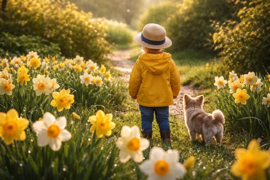 Gelbe Narzissen in einem Garten, Vorsicht bei Haustieren und Kindern