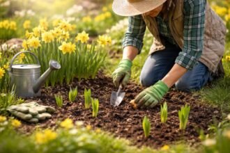 - Gelbe Narzissen blühen im Garten, bringen Frühlingsfarbe nach dem Winter