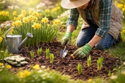 - Gelbe Narzissen blühen im Garten, bringen Frühlingsfarbe nach dem Winter