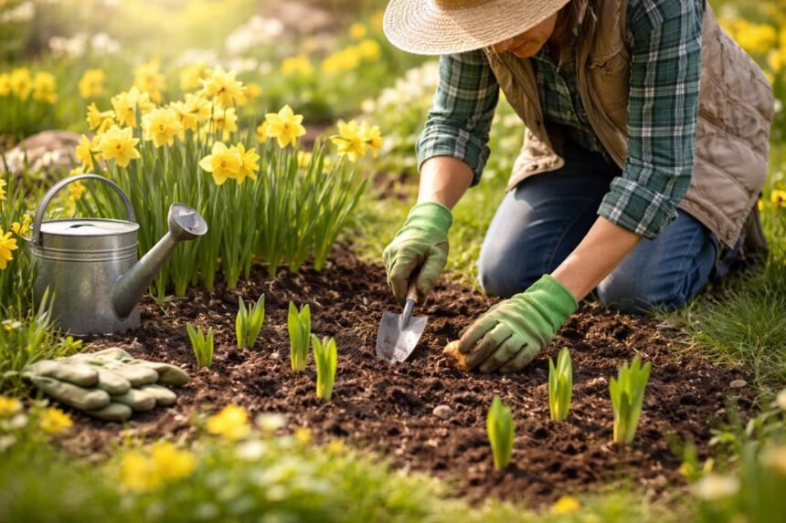 - Gelbe Narzissen blühen im Garten, bringen Frühlingsfarbe nach dem Winter