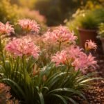 Nerine im Beet, leuchtende Blüten, Herbstfarben, kühl und sonnig gepflegt.