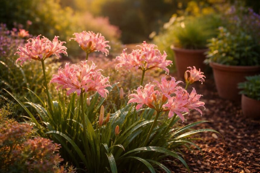 Nerine im Beet, leuchtende Blüten, Herbstfarben, kühl und sonnig gepflegt.