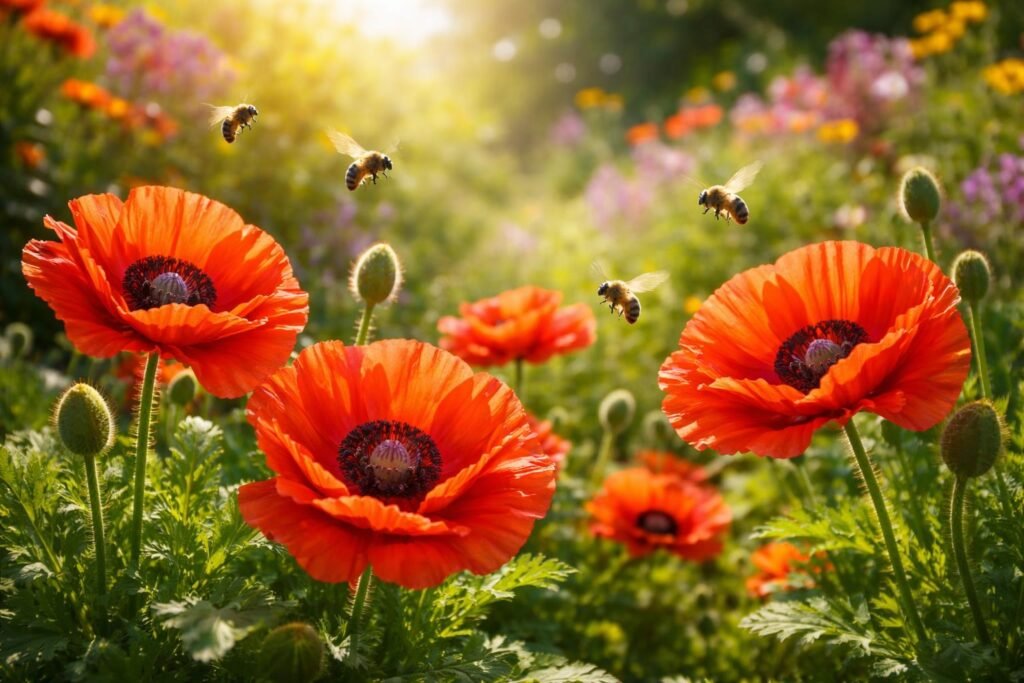 • Orientalischer Mohn mit großen Blüten im Garten, farbenprächtig und einladend
