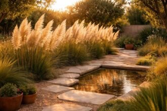 Pampasgras im modernen Garten mit hohen, federartigen Blütenständen und Eleganz