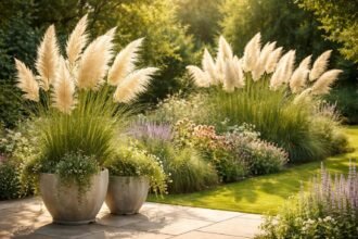 Pampasgras im Beet, im Topf; hohe Blüten, elegante Struktur, Sichtschutz.