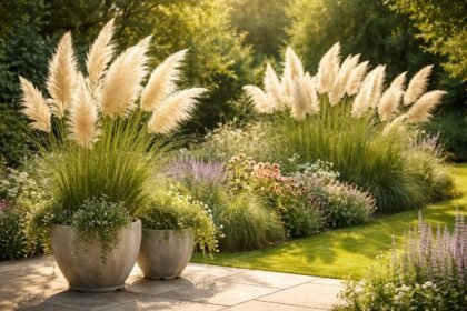 Pampasgras im Beet, im Topf; hohe Blüten, elegante Struktur, Sichtschutz.