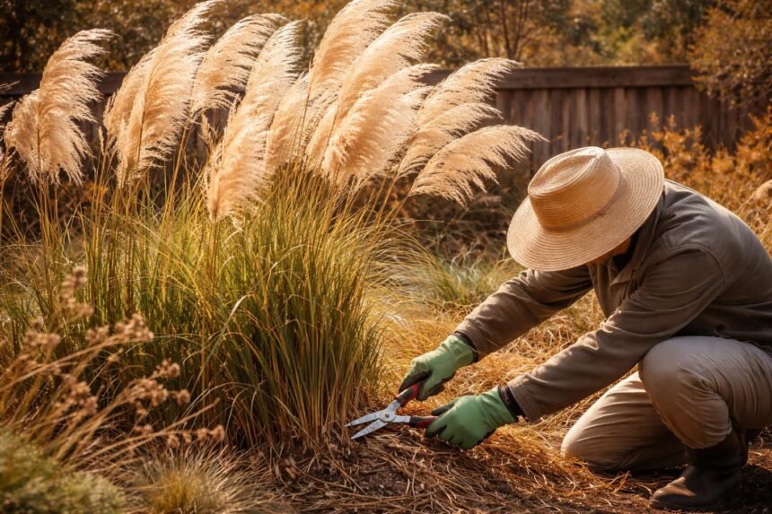 Pampasgras zurückschneiden: Schnitt-Tipps vom Experten Großes Pampasgras mit hohen Halmen, zurückgeschnitten, für vitalen Neuaustrieb im Frühjahr.