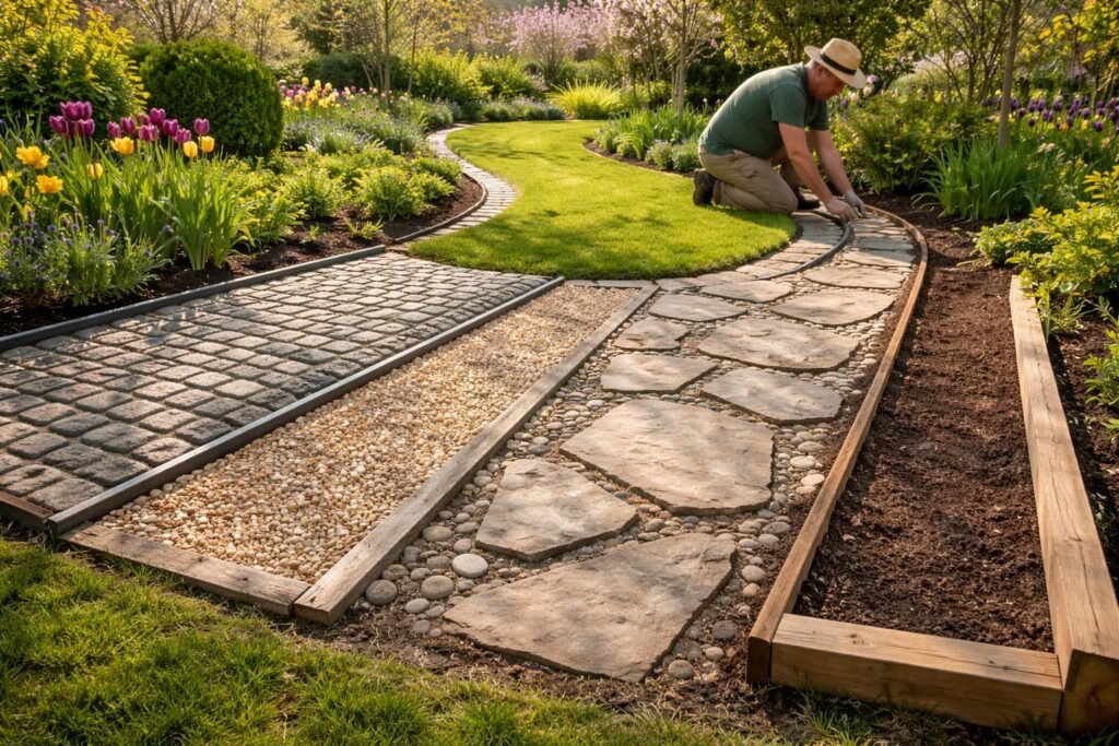 Frühlingsgarten mit neuen Wegen und Kanten aus Kies, Holz und Pflasterkanten.