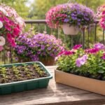 •Petunien auf Balkon: Gärtner wägt Aussaat gegen Jungpflanzenkauf ab, sonnig.