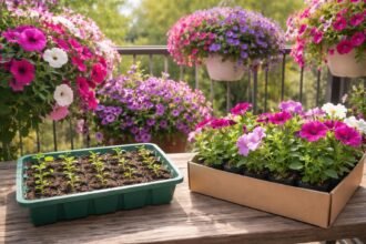•Petunien auf Balkon: Gärtner wägt Aussaat gegen Jungpflanzenkauf ab, sonnig.