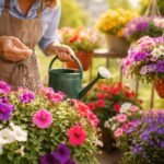 Nahaufnahme blühender Petunien in Töpfen mit Düngerflasche und Bewässerung im Sommergarten
