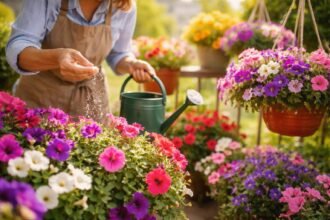 Nahaufnahme blühender Petunien in Töpfen mit Düngerflasche und Bewässerung im Sommergarten