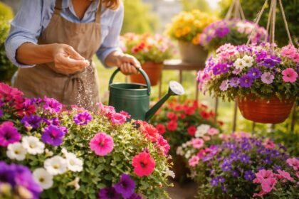 Nahaufnahme blühender Petunien in Töpfen mit Düngerflasche und Bewässerung im Sommergarten