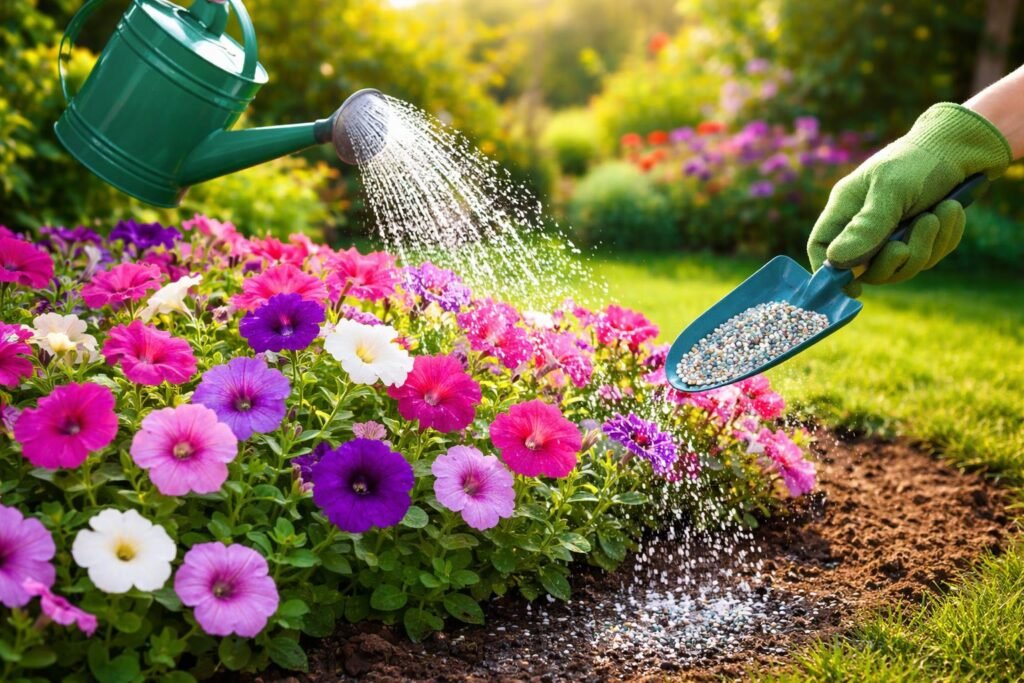 Petunien: Pflanzen, pflegen & die besten Sorten Gießende Hand über blühenden Petunien im Garten; Dünger wird sparsam verwendet.