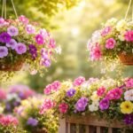 Bunte Petunien in Körben hängen, üppige Blüten, Balkonpflanzen im Sommer.