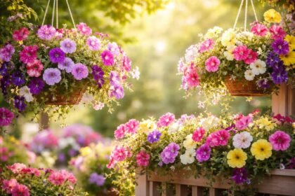 Bunte Petunien in Körben hängen, üppige Blüten, Balkonpflanzen im Sommer.