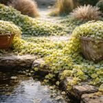 [Nahaufnahme zeigt Pfennigkraut mit runden Blättern und grünen Trieben am Teichrand.]