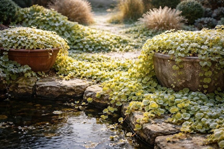 [Nahaufnahme zeigt Pfennigkraut mit runden Blättern und grünen Trieben am Teichrand.]