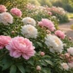 Pfingstrosen in einem blühenden Garten, nahe der Gartenbank, sonniger Standort.