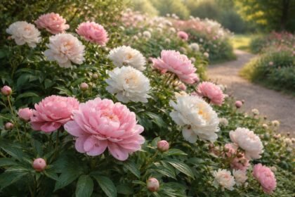 Pfingstrosen in einem blühenden Garten, nahe der Gartenbank, sonniger Standort.