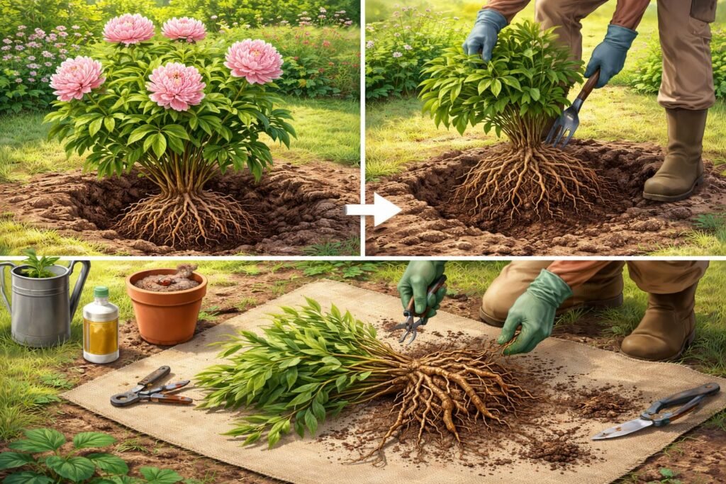 - Pfingstrosen sorgfältig ausgraben, Wurzeln prüfen, Wurzelballen reinigen, optimale Pflanzstelle vorbereiten, Boden lockern.