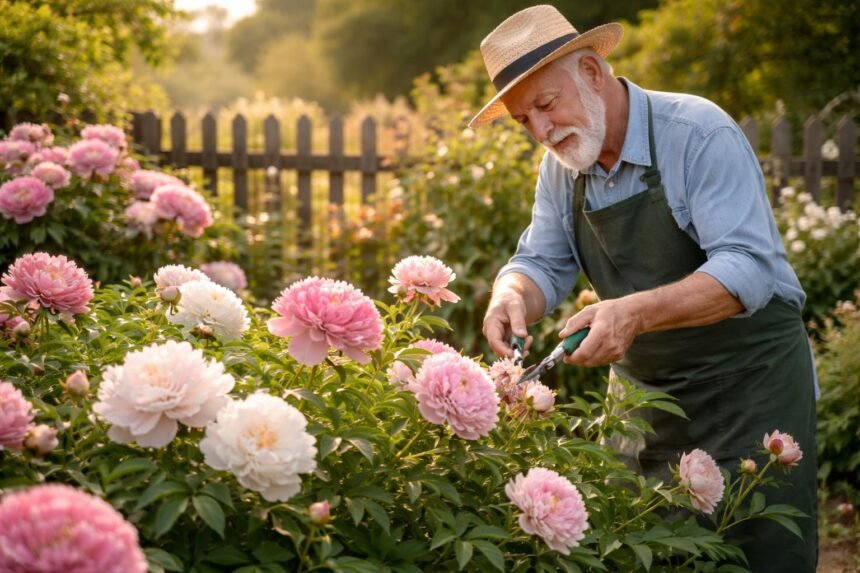 Pfingstrosen schneiden & verblühte Blüten abschneiden - Pfingstrosen schneiden nach der Blüte; verblühte Blüten sorgfältig entfernen und gesundes Blütenwachstum fördern.