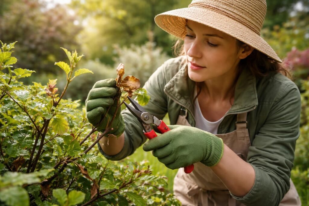 Detailaufnahme von Steingarten-Steinen, Werkzeugen und neuem Frühlingslaub im Garten; sichtbar mit Pflegemaßnahmen.