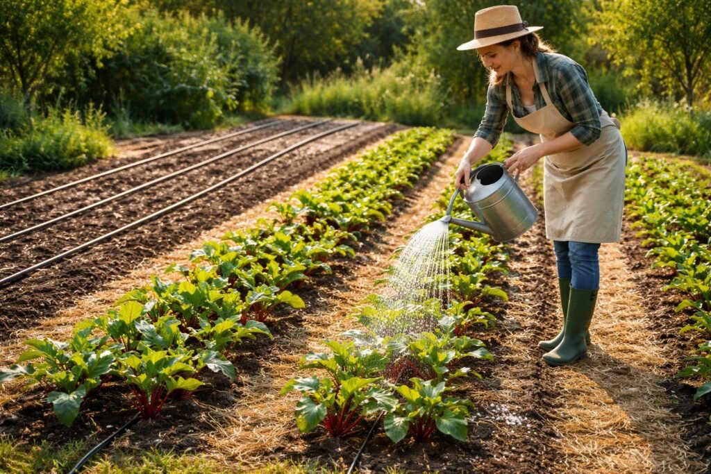 Rote Bete im Beet während Pflege, Bewässerung und Düngung im Gemüsegarten.