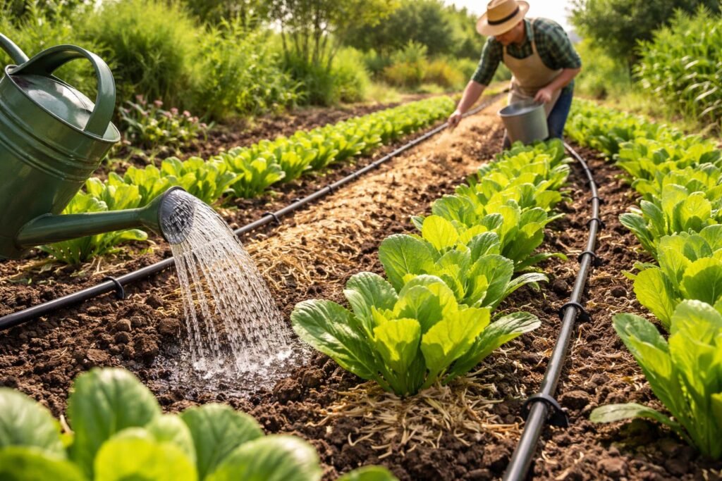 Nahaufnahme von Chicorée im Beet, Bewässerung, Düngung und Pflege sichtbar.