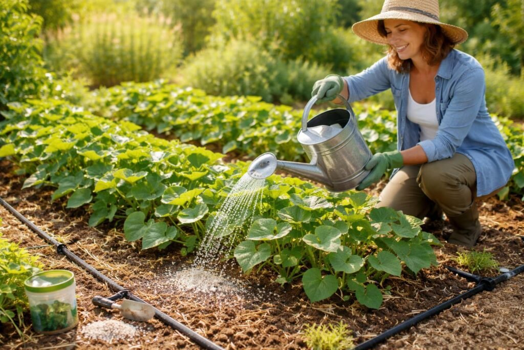 Gärtner gießt Süßkartoffel-Pflanzen im Gemüsegarten bei Sonnenschein und kontrolliert Bodenfeuchtigkeit für gesundes Wachstum.