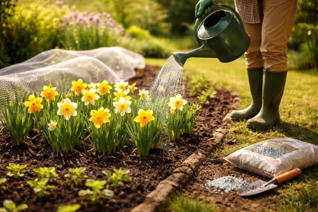 Narzissen pflanzen und im eigenen Garten anbauen Eine Person pflanzt Narzissen, gießt, düngt und schützt das Beet gegen Unkraut.