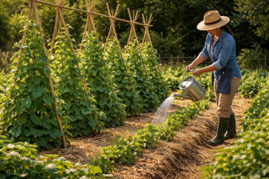 Rankhilfe und Mulch im Bohnenbeet; regelmäßig gießen; Pflanzen stützen wichtig.