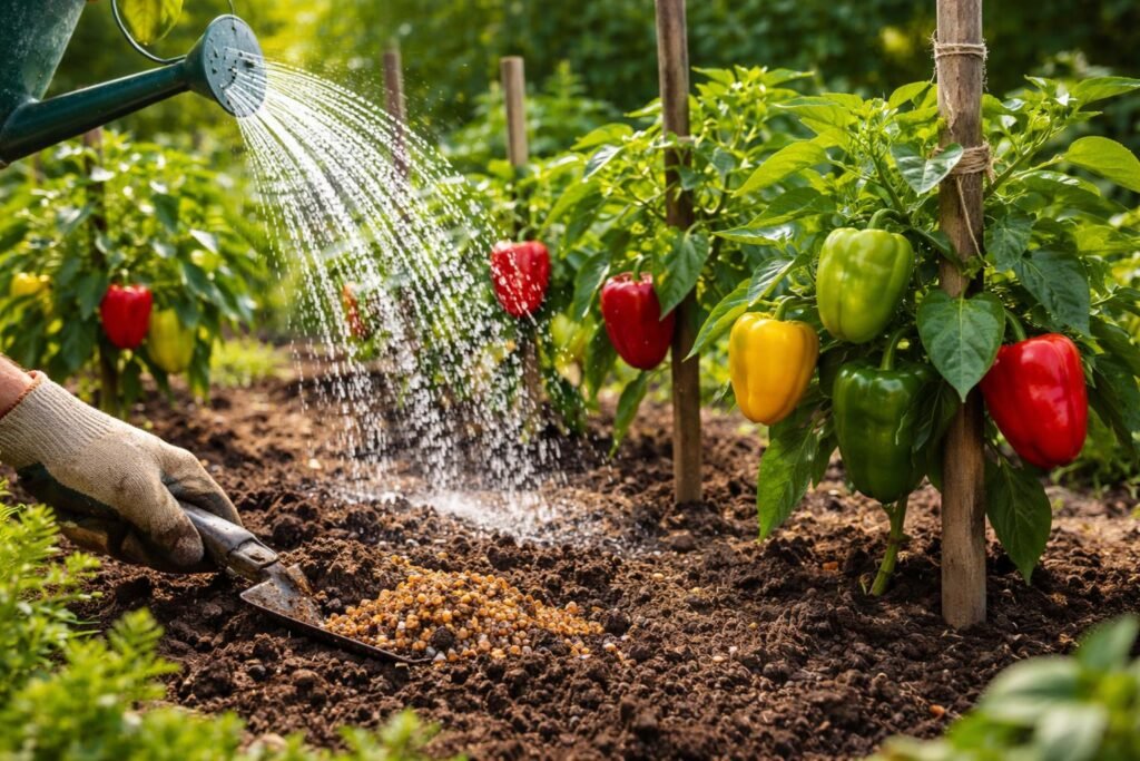 Paprika-Pflanzen gedeihen dank Bewässerung, Düngung und Stützstrukturen im Beet optimal