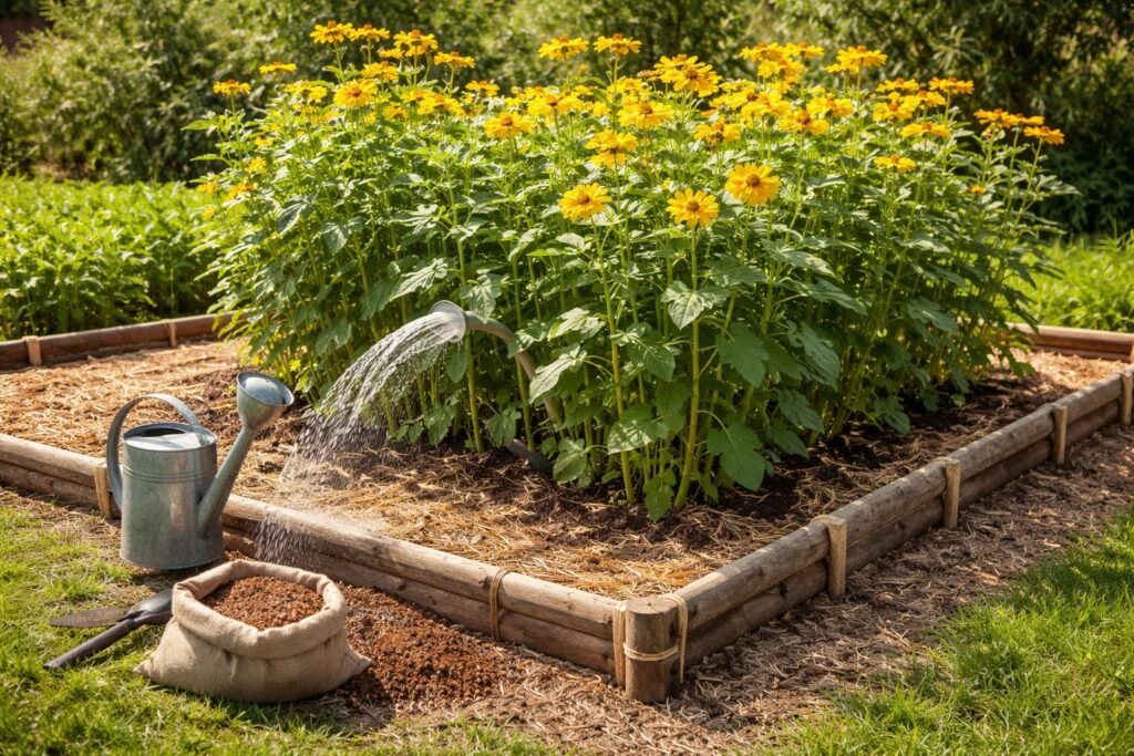 Topinambur-Pflanzen beim Gießen, Düngen und Begrenzen des Wachstums im Garten.