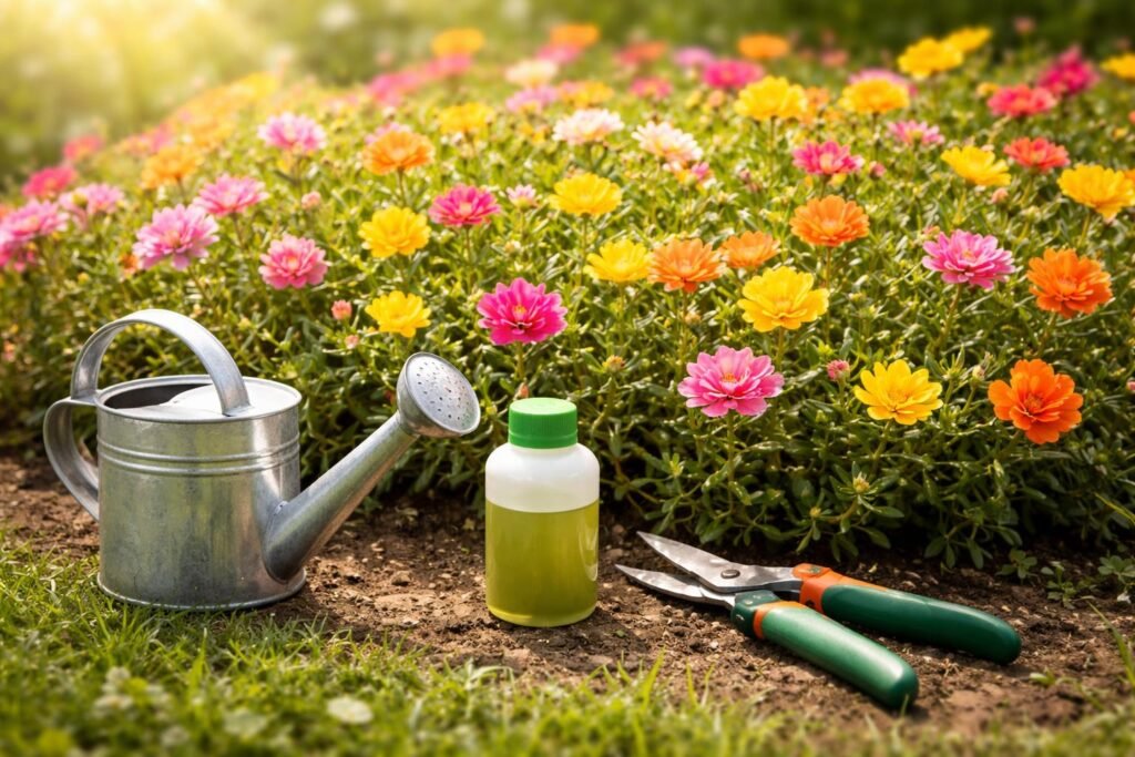 Portulaca grandiflora im Beet, pflegeleicht, gießen, düngen und schneiden im Garten.
