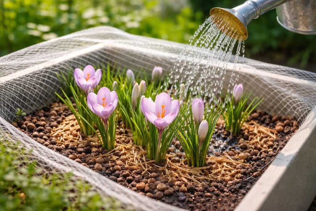 Pflegeleichter Safran-Krokus: Gießen, düngen, schützen für robuste Blüten das ganze Jahr.