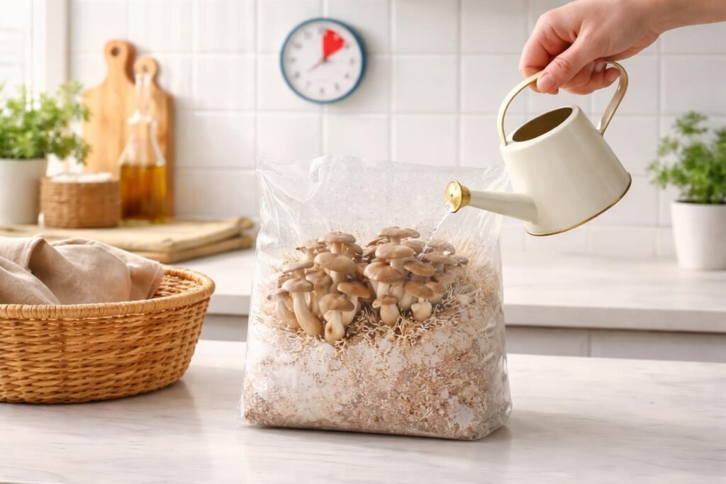 Pilzset auf dem Küchentisch, Nahaufnahme von Pilzkolonien und Anbauschale sichtbar.