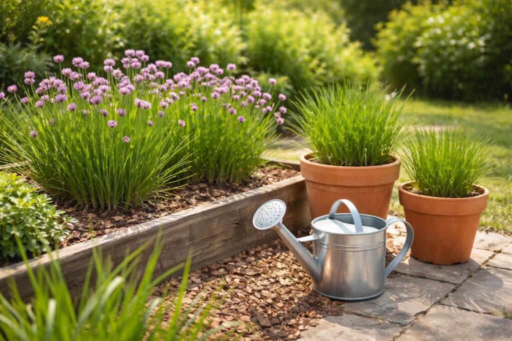 Frischer Schnittlauch im Beet und Topf, pflegeleicht, erntebereit und aromatisch.