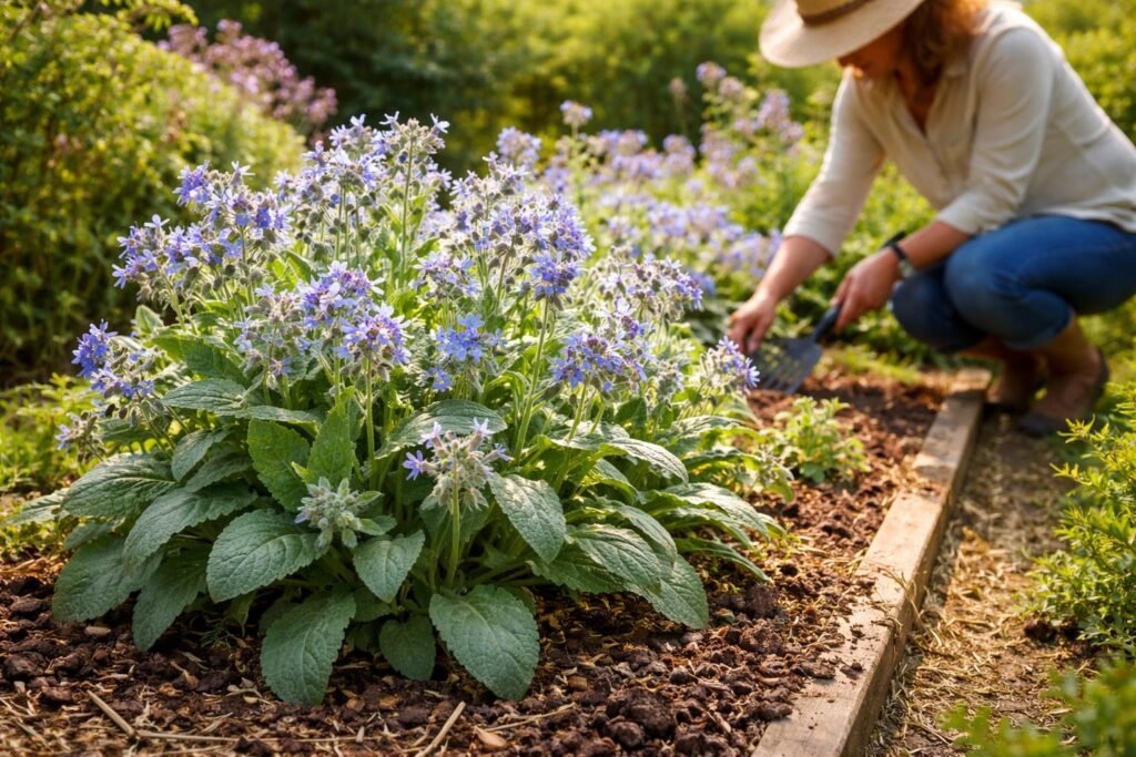 - Borretsch im Garten: pflegeleicht, bunt blühend, grüne Blätter, aromatisch, duftend.