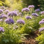 Phacelia-Blüten in violett-blau, Bienen fliegen darüber, Boden verbessert sich sichtbar.
