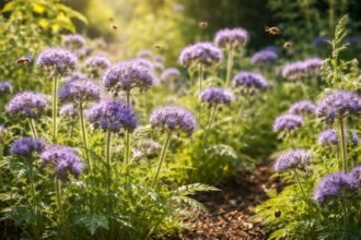 Phacelia-Blüten in violett-blau, Bienen fliegen darüber, Boden verbessert sich sichtbar.