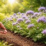 Phacelia-Blüten im Garten, Bienenfreund, violett-blau, Nahaufnahme der Pflanze mit Blättern.