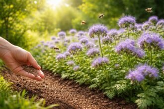 Phacelia-Blüten im Garten, Bienenfreund, violett-blau, Nahaufnahme der Pflanze mit Blättern.