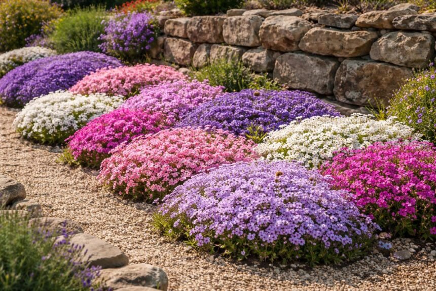 Nahaufnahme des Polster-Phloxes Phlox douglasii mit farbigen Blüten im Frühling