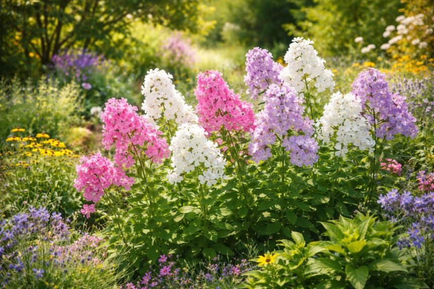 Phlox paniculata: Alles zum Pflanzen & Pflegen der Hohen Flammenblume Hohe Flammenblume Phlox paniculata im Sommergarten in kräftigen Farben und Duft